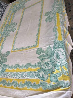 Retro Tablecloth Yellow Aqua Green 64"L x 56"W Cotton Bordered Acanthus Vintage